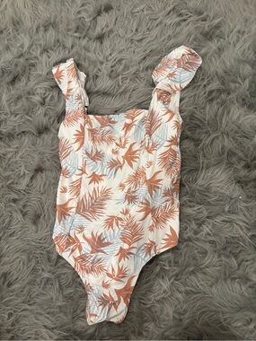 Roxy Cream One-Piece Swimsuit with Terracotta and Light Blue Leaf Print